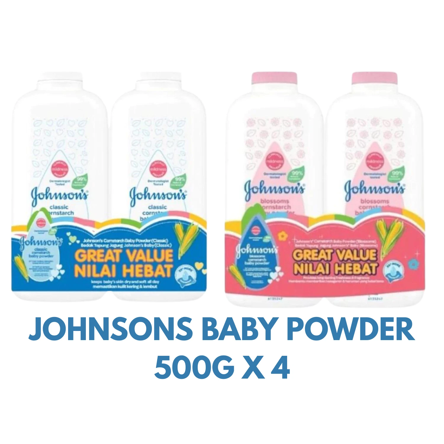 4 Bottles Johnson's Baby Powder Cornstarch 500g | Smooth & Fresh Baby Skin