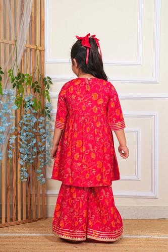 Indisch Pakistanisch Kinder Mädchen Baumwolle Blumendruck Gota Arbeit Kurti mit Sharara - Bild 5 von 9