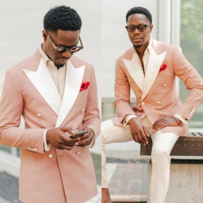 Men's Groom Pink Double Breasted Peak Collar Suit Jacket White Pant for Wedding