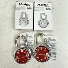 (2) New Master Lock 1525 RED Locker Padlocks, Combination Dial / V643 Key Option