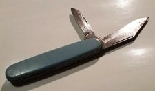 Old Long Pull Folding Pocket Knife Made In USA 2 Blades Robin Egg Blue Handle