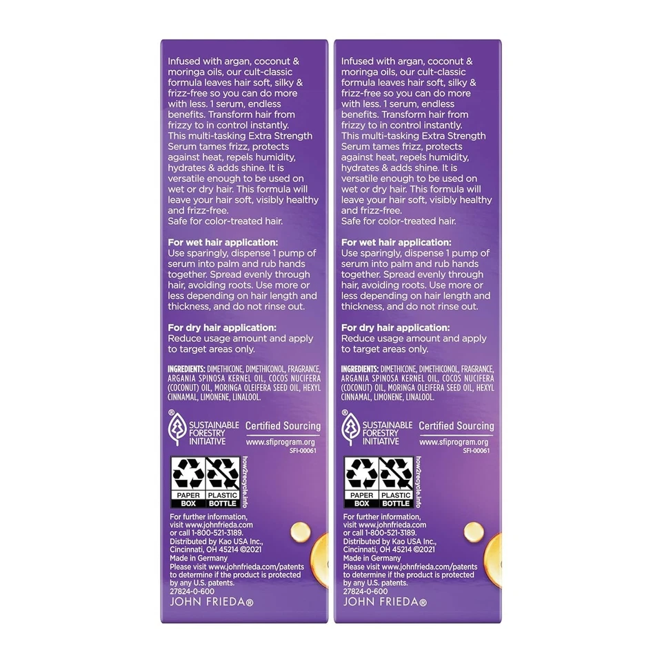 Suero capilar John Frieda anti frizz 1,69 oz (paquete de 2) extra fuerte con aceite de argán Foto 2 de 4