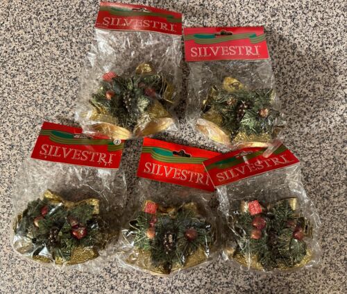NEW Set Of 6 Vtg Silvestri Christmas Ornament Jingle Bells With Holly Garland - 第 1/6 張圖片