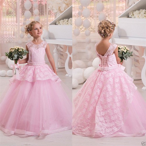 Yellow/Pink Flower Girl Dress Party Prom Formal Ball Gowns Lace Up Straps Custom - Picture 4 of 8