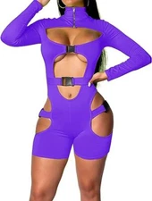 Women Sexy Party Buckle Jumpsuit Long Sleeve Hollow Out Bodycon Clubwear Purple