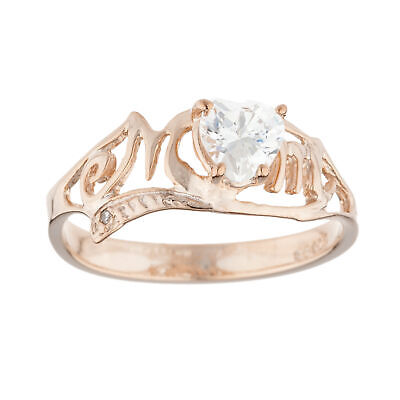 14Kt Yellow Gold Plated White Sapphire & Diamond Heart Mom Ring 