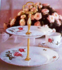 NEW VTG Fine China, 2 Tier Cake Stand, Pattern Rose, Gold Trim