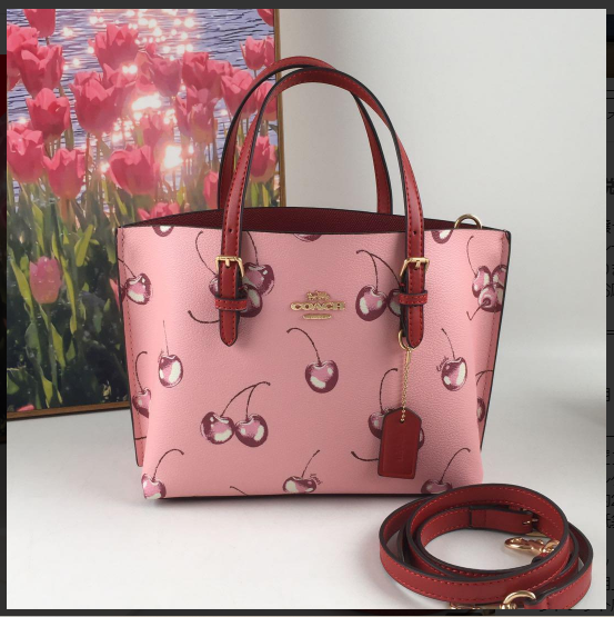 COACH CR293 Tote 25 2way Shoulder Bag Canvas Leather Cherry Pink