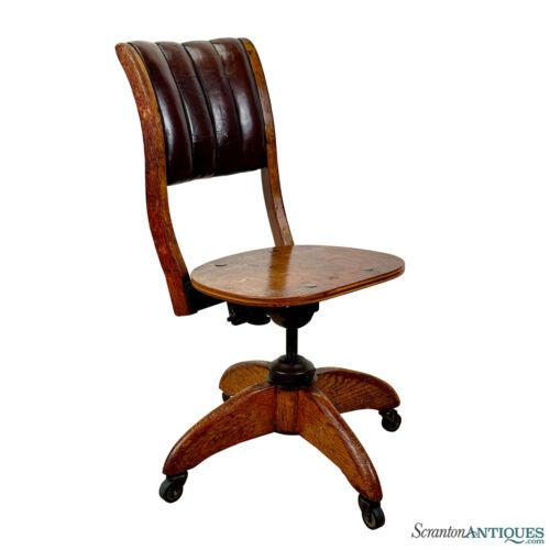 Antique Traditional Oak & Scalloped Leather Swivel Library Desk Chair