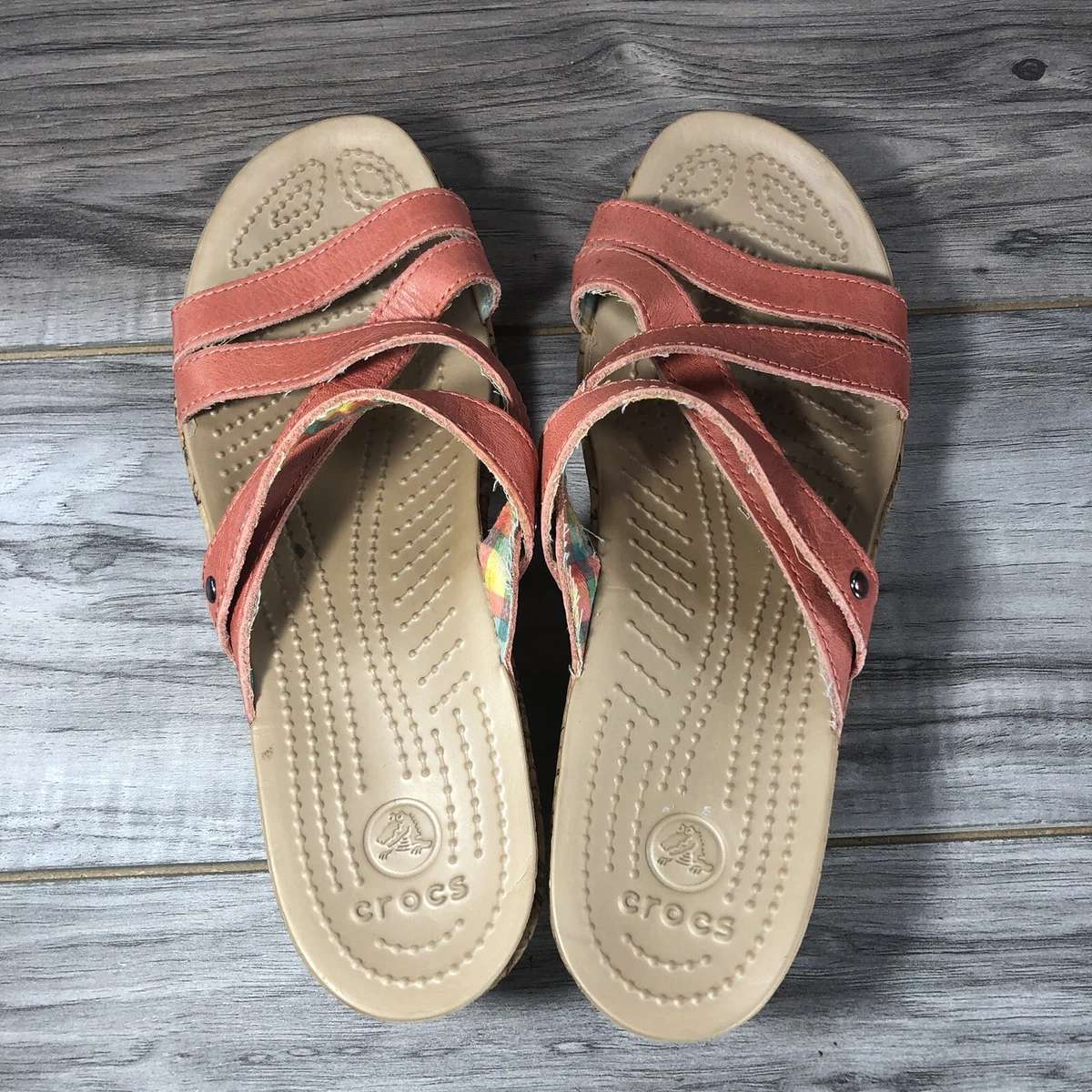 Crocs Womens A Leigh Mini Wedge Sandals Size 8 Pink Leather
