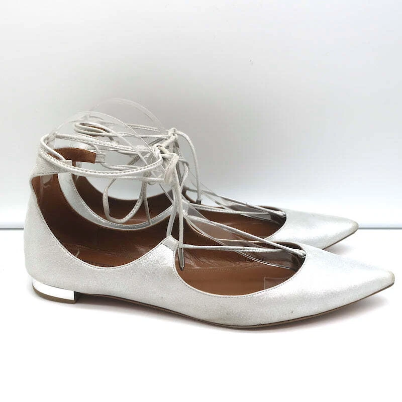 Aquazzura Christy Puntera Punta Con Cordones Planos Plateado Metálico Gamuza Talla 40 Foto 3 de 4