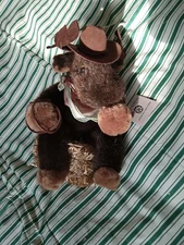 -*{J115}Out Of The Woods Collectable Stuffed Moose Cowboy On Haystack