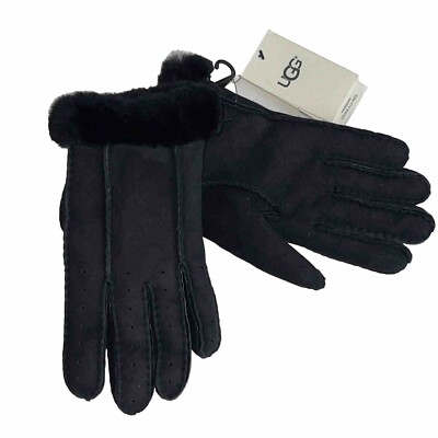 UGG 14049 Women's Classic Perforated Shearling Suede Cuff Gloves - Black Size M
