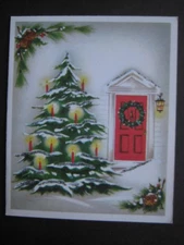 1940s vintage greeting card Norcross CHRISTMAS Wreath On Door, Xmas Tree glitter