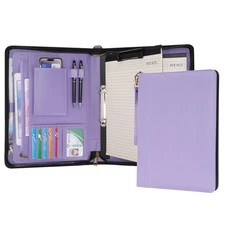 A4 Portfolio with Zipper - Leather PU Padfolio with Detachable Ring Binder an...