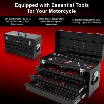 TUSK 3 Drawer Moto Tool Box with Lock, 129pc Tool Set Chrome