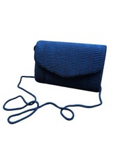 80s Quilted Navy Evening Clutch Bag Satin Pleated Design Braided Strap Party Bag