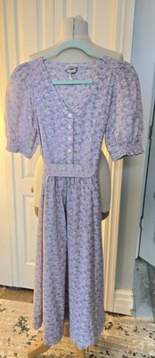 Vintage Laura Ashley Purple Floral Tea Dress Puff Sleeve Cottagecore Garden Boho