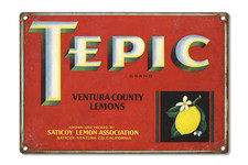 Letrero de metal retro marca Tepic Lemons Ventura California caja de frutas etiqueta 8x12