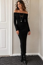 ASTR the Label Black Off Shoulder Ribbed Sweater Knit Midi Bodycon Dress M