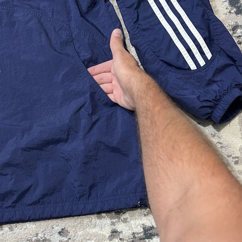 Vintage ADIDAS Pullover Uomo Giacca Anorak Giacca a Vento Navy Cappuccio XL Righe Foderato - Foto 3 di 11