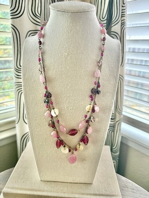 Vintage Signed VJ Vicky Jousan Pink Chalcedony Boho Necklace 21  MOP Agate