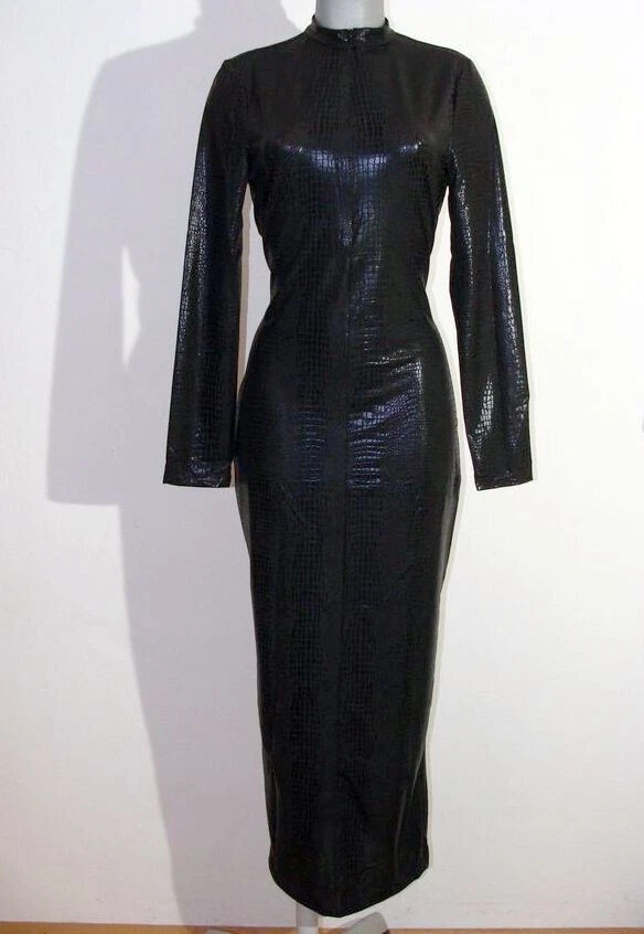 Schwarzes Glanz Kleid in glänzendem Schwarz mit Schlangen Muster Gr XL / 42-44 - Bild 3 von 4