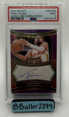 Trae Young 2024-25 Panini Select Basketball Auto Purple Prizm #SIG-TRA /75 PSA 9