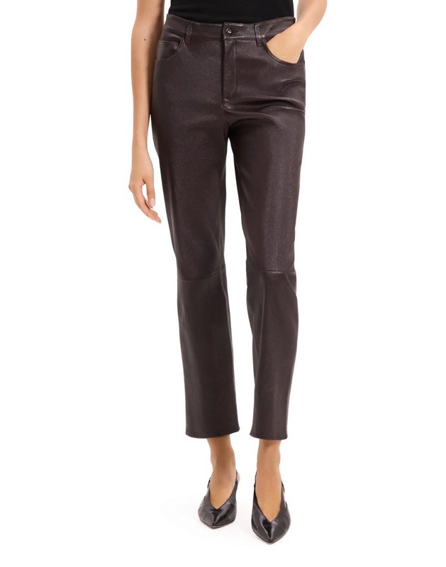 THEORY (nwt $995) Glossed Leather Straight Leg Pants Brown Sz 10