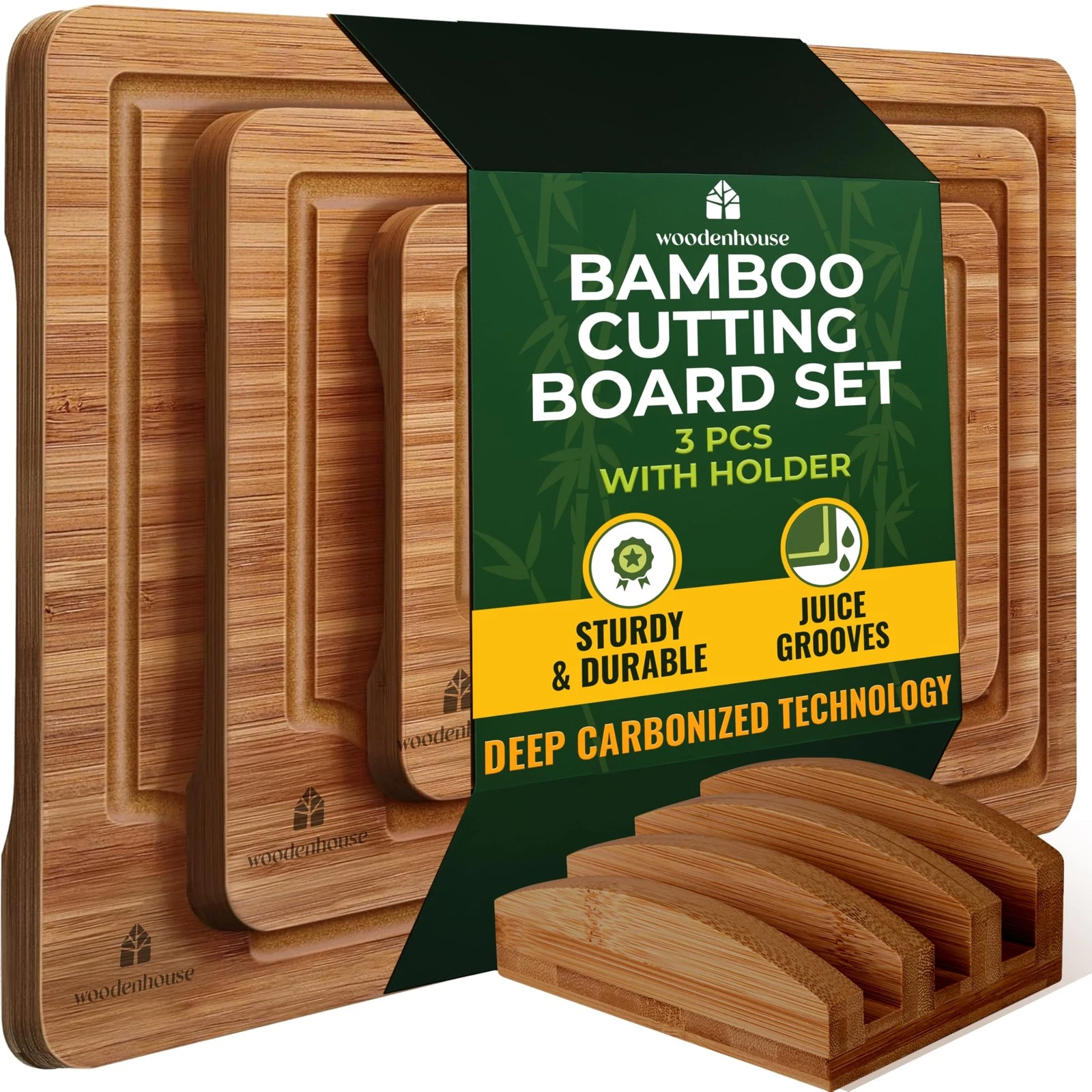 Wood Cutting Board Set of 3 with Holder - Sturdy & Easy to Clean Wooden Cutti...