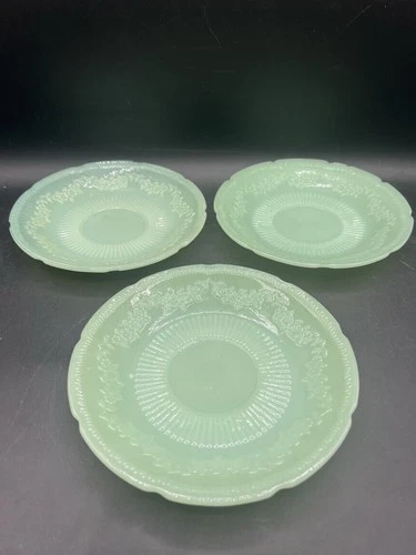 Vintage Jadite Green Floral Depression Glass Plates Set of 3 Scalloped Edge