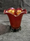 Fenton Ruby Red Amberina Stretch Ruffled Vase Iridescent Carnival Glass 7”w/base