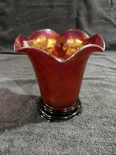 Fenton Ruby Red Amberina Stretch Ruffled Vase Iridescent Carnival Glass 7”w/base