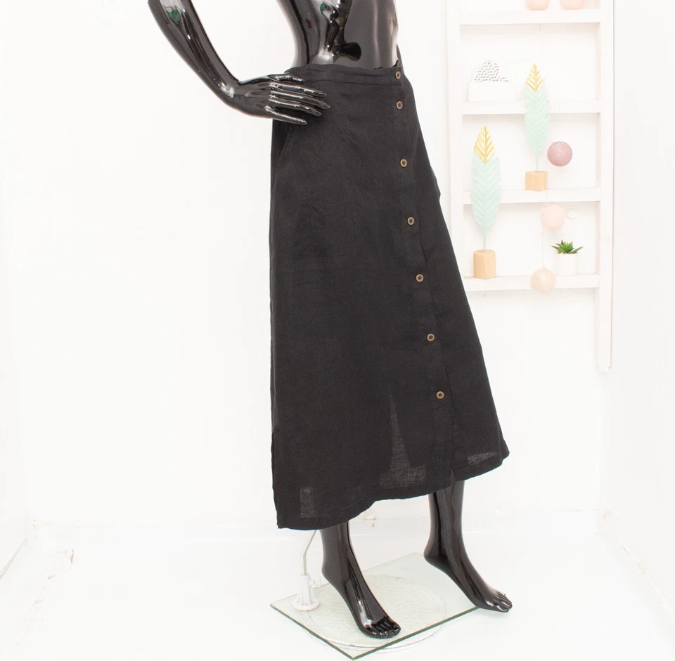 GUDRUN SJODEN Midi Skirt 100% Linen Black Button Down Front Elastic Waist XL - Image 3 of 4