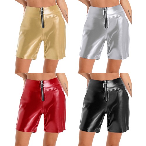 Pantalones Cortos de Motociclista Metálicos Brillantes Cintura Alta Frontal Bolsillos con Cremallera Bodycon para Mujeres - Imagen 3 de 48