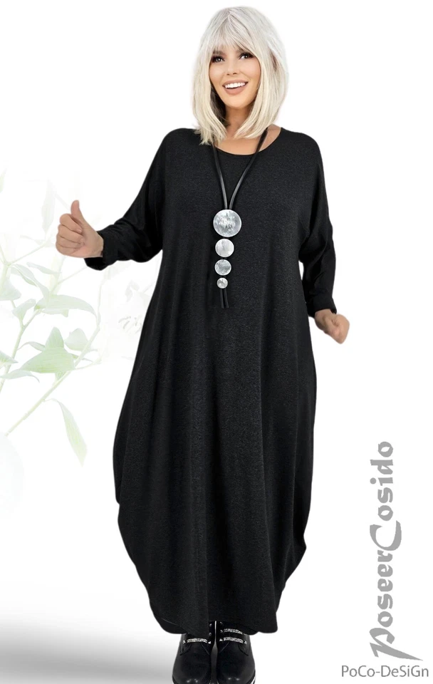 LAGENLOOK Basic Ballon-Kleid schwarz grau 44 46 48 50 52 54 56 58 L-XL-XXL-XXXL - Bild 3 von 4