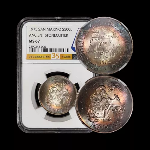 SAN MARINO. 1975, 500 Lire, Silver - NGC MS67 - St Marinus, Stonemason 🌈 Toned
