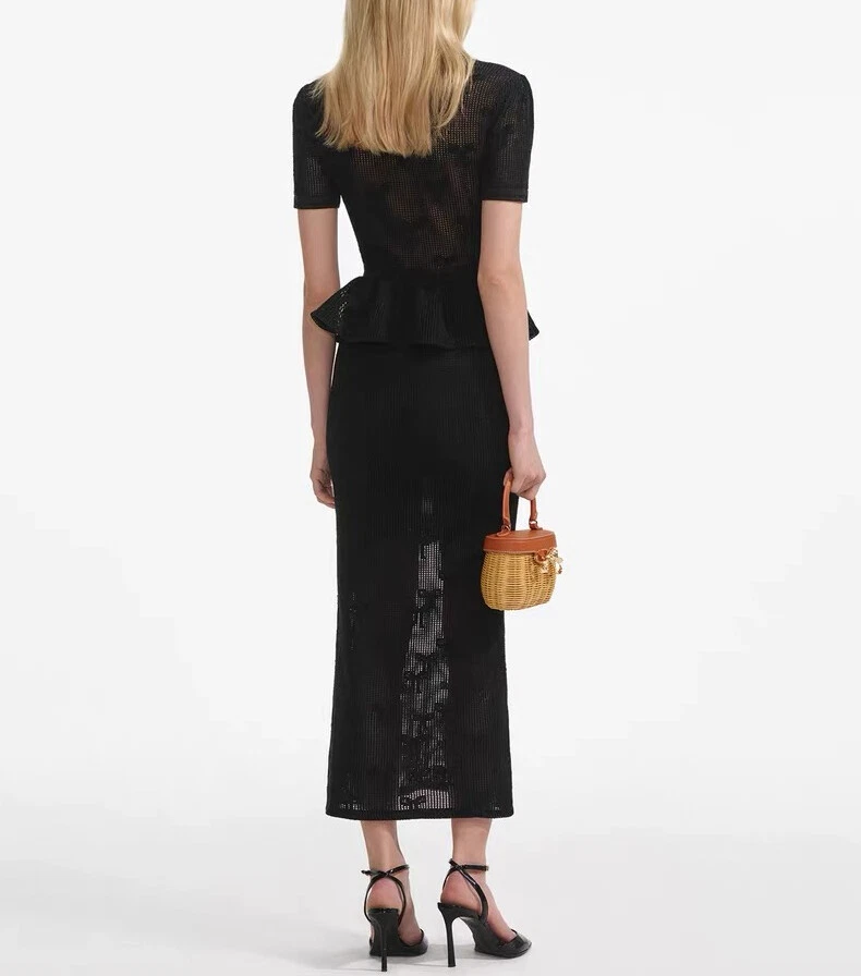 Vestido midi de mujer autorretrato con cuello en V tejido manga corta línea A Foto 2 de 4