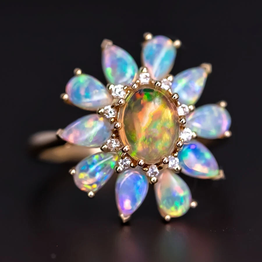 Golden Dahlia –Fire Opal Australian Opal Floral Diamond Engagement Ring 18K Gold - Image 3 of 4