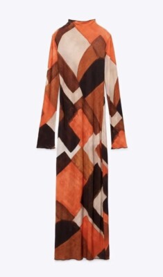 Zara Maxi Dress Women's Sz S Orange Black Geo Bodycon