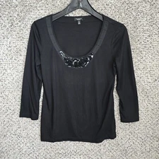 Talbots Top Womens XS Black Sequined Scoop Neck 3/4 Sleeve Tee Rayon Lyocell