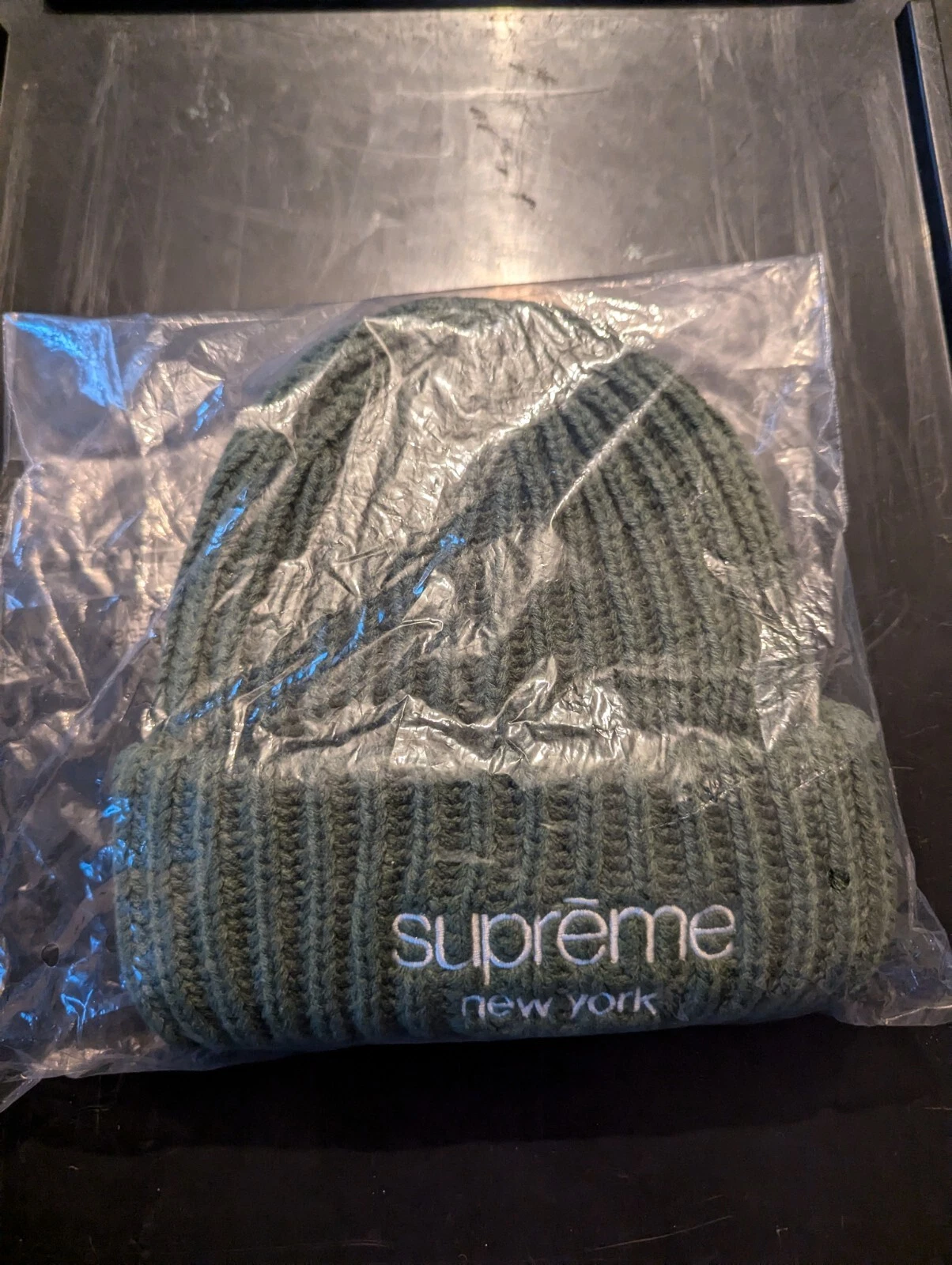 Supreme x New York Bonnet côtelé en tricot épais   Vert   Neuf 