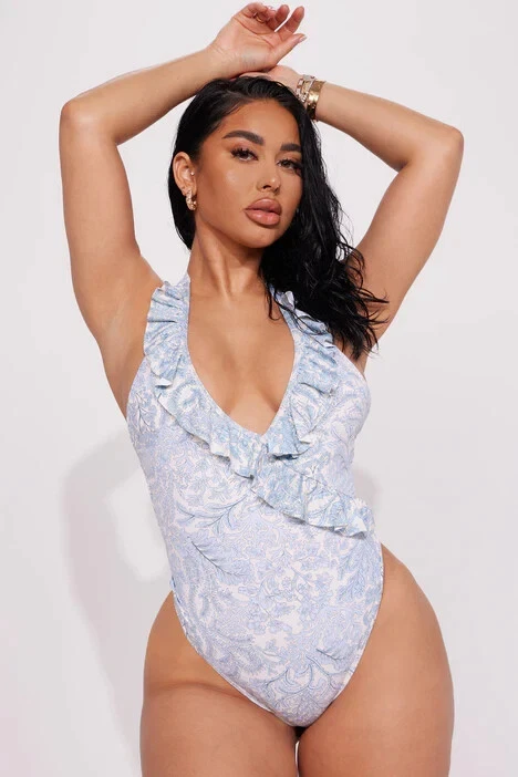 Nuevo con etiquetas Traje de baño halter con volantes azul ENVYA 1 pieza talla pequeña para mujer pierna de corte alto Foto 3 de 3
