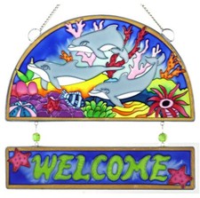 Welcome Sign Dolphin Design Art Glass Sun-Catcher 10"