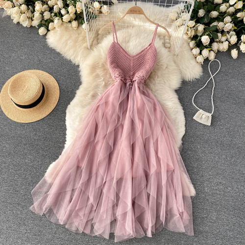 Irregular Net Gauze Fluffy Dress for Womens High Waist Temperament Summer V-neck - Picture 9 of 16