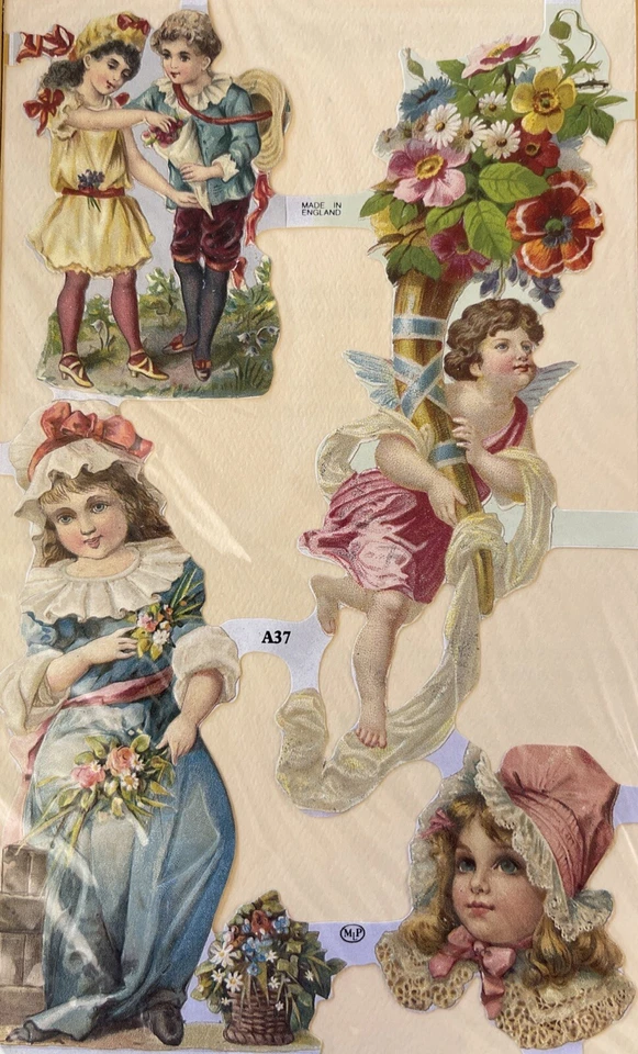 ANTIGUO ADORNO TROQUELADO NIÑAS Y NIÑOS (7 piezas) fabricación de tarjetas • victoriano• flores• Foto 3 de 4