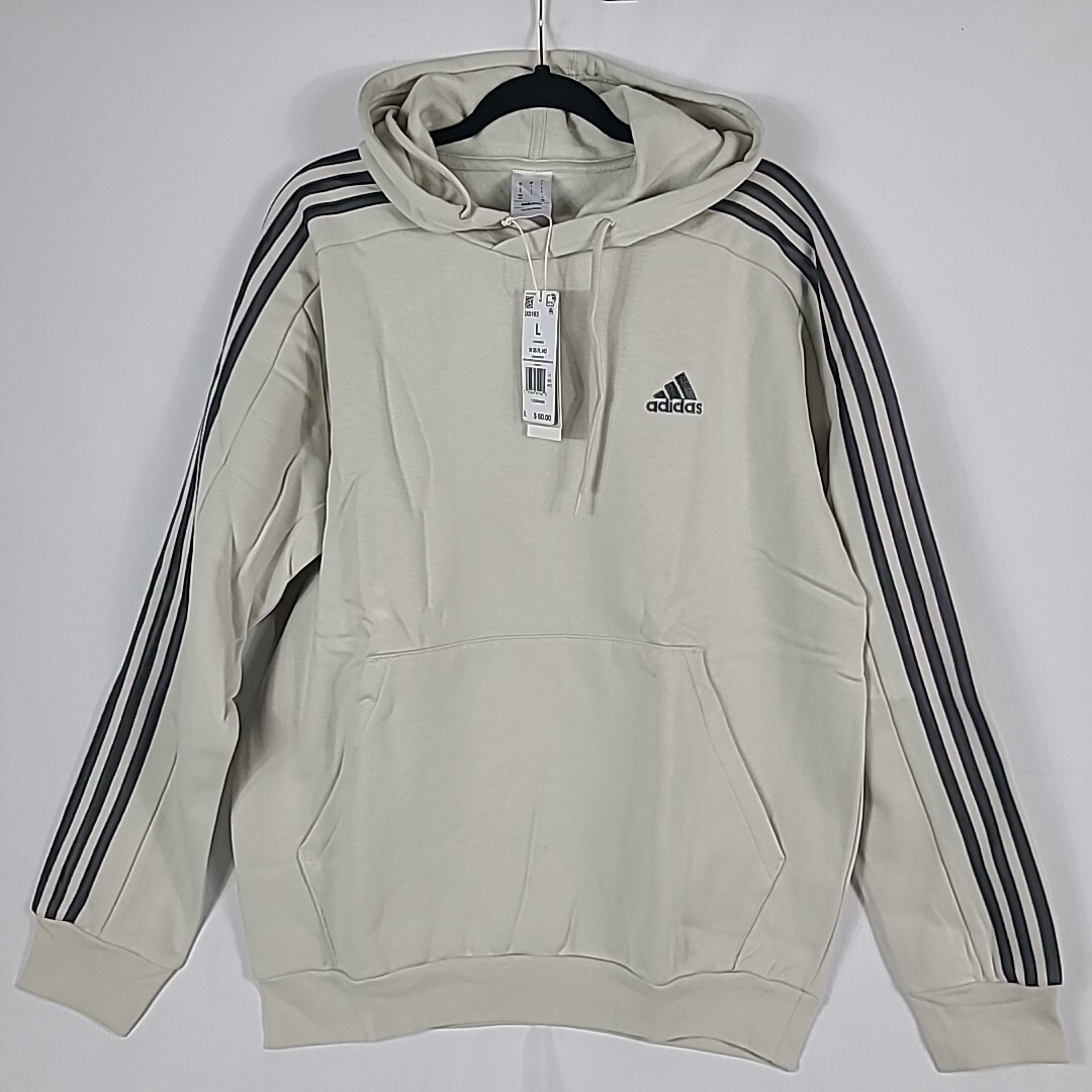 NEW Adidas Men's 3-Stripes Hoodie Hooded Sweatshirt Pullover In Ivory/Grey  Sz L