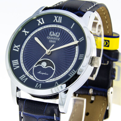 Q&Q by Citizen Herrenuhr Mondphase QZ10J318Y Lederband blau ohne Box