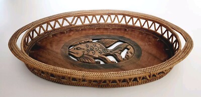Hand Woven Bread Basket Pine Needle Carved Wooden Fish Bottom Design 12.5''