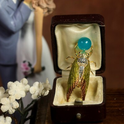 Broche Art Déco Vintage En Or Avec Insecte Cigale Et Perle D'Amazonite - Style Rétro XZ16